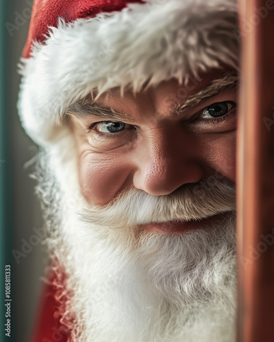 Santa Claus peeks playfully...