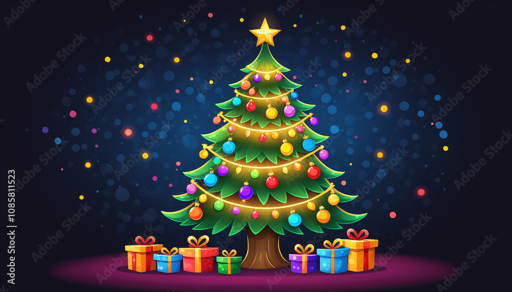 A colorful Christmas tree with presents under it on a dark stage A colorful Christmas tree with presents under it on a dark stage