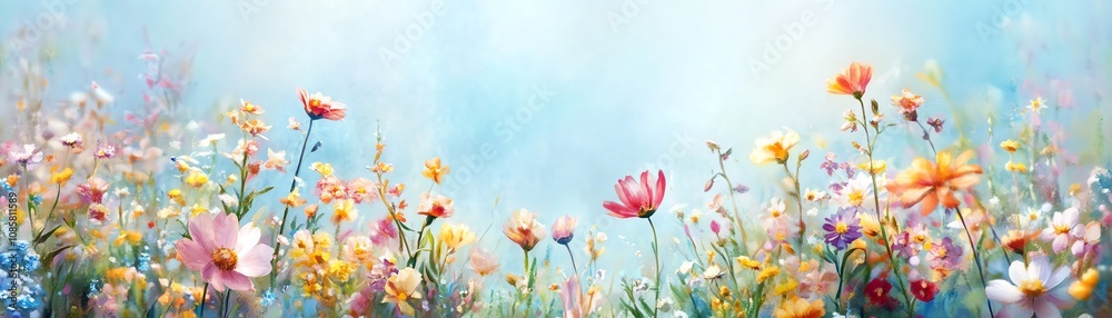Vibrant field of wildflowers with soft blue sky in the background. Vibrant field of wildflowers with soft blue sky in the background.