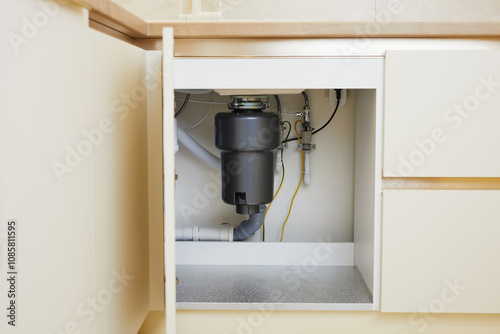 The installation of a functional garbage disposal unit beneath the kitchen sink showcases essential plumbing setup. photo