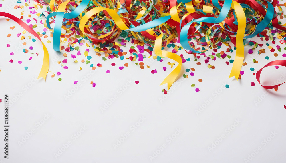 Fototapeta premium Colorful confetti and ribbons are cascading down a clean white background, creating a vibrant and festive party atmosphere, perfect for celebratory announcements or event invitations.