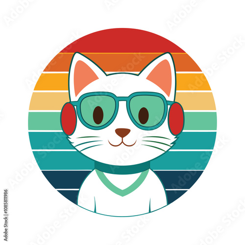 Cool Cat Vector - Trendy Feline Character with Cap and Glasses, Hipster Animal Illustration for Stylish Decor photo