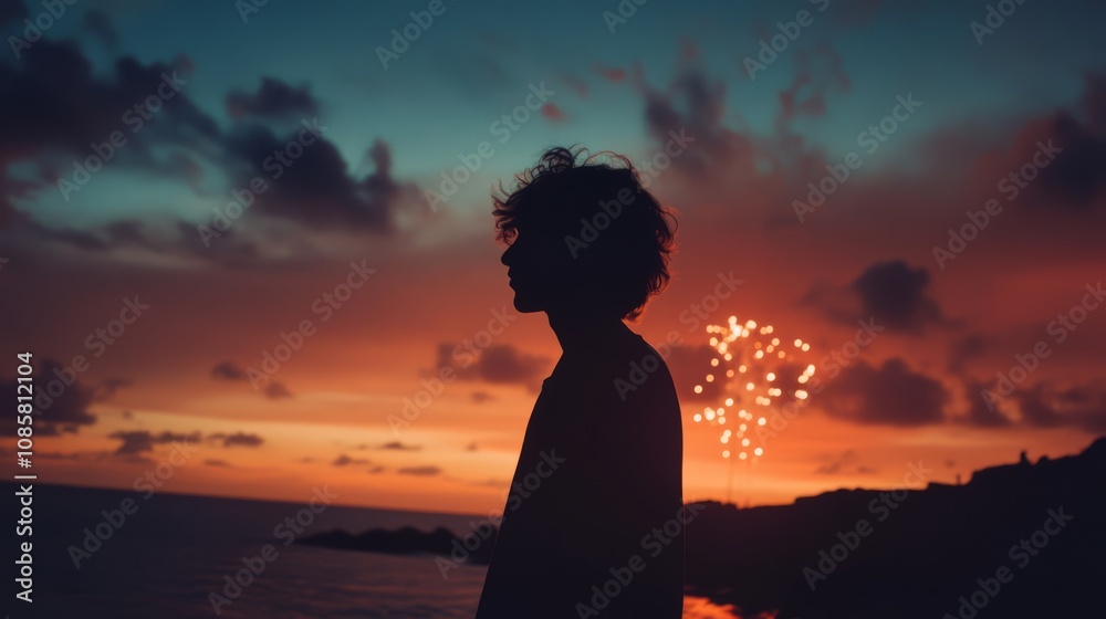 Silhouette of a person standing against a fiery sunset with fireworks in the background. Silhouette of a person standing against a fiery sunset with fireworks in the background.