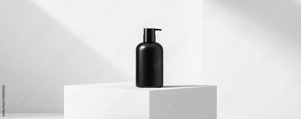 A sleek black bottle on a white pedestal, showcasing minimalist design and elegance, perfect for beauty or skincare products. A sleek black bottle on a white pedestal, showcasing minimalist design and elegance, perfect for beauty or skincare products.