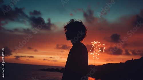 Silhouette of a person standing against a fiery sunset with fireworks in the background.