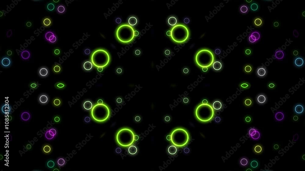 Neon Circle Kaleidoscope: A Symmetrical Pattern of Glowing Rings and Dots Neon Circle Kaleidoscope: A Symmetrical Pattern of Glowing Rings and Dots