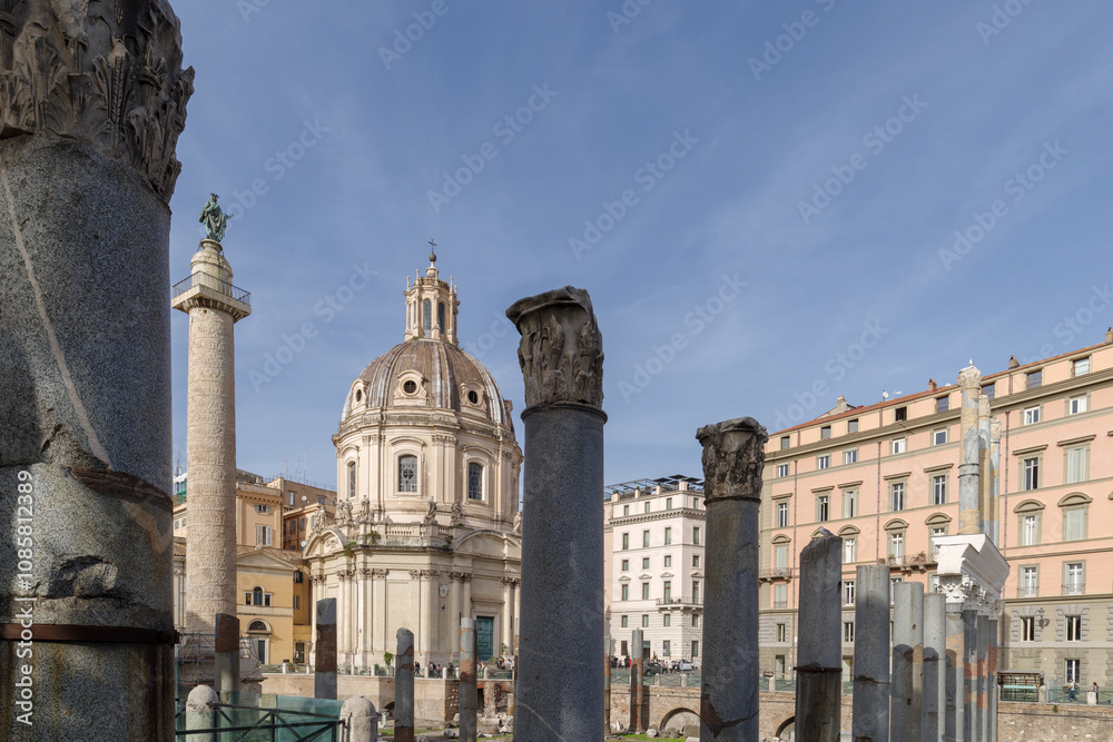 Obraz premium Forum of Trajan, church of Saints Luca and Martina, along street dei Fori Imperiali, Rome, Italy