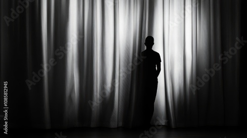 Silhouette of a person standing behind a curtain, lit by a spotlight, suggesting a sense of mystery and anticipation.