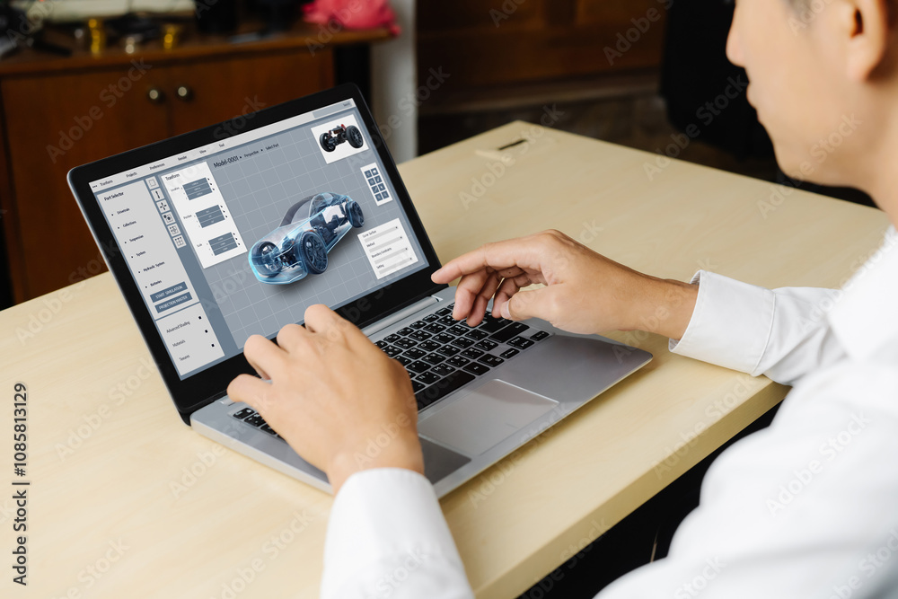 Electric car design software on computer screen showing simulation blueprint snugly by digital calculating application for manufacturing preparation Electric car design software on computer screen showing simulation blueprint snugly by digital calculating application for manufacturing preparation