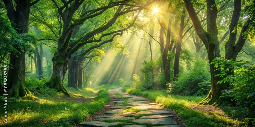 Obraz premium Sunlit stone path meandering through a lush, verdant forest, bathed in the golden rays of morning sunlight