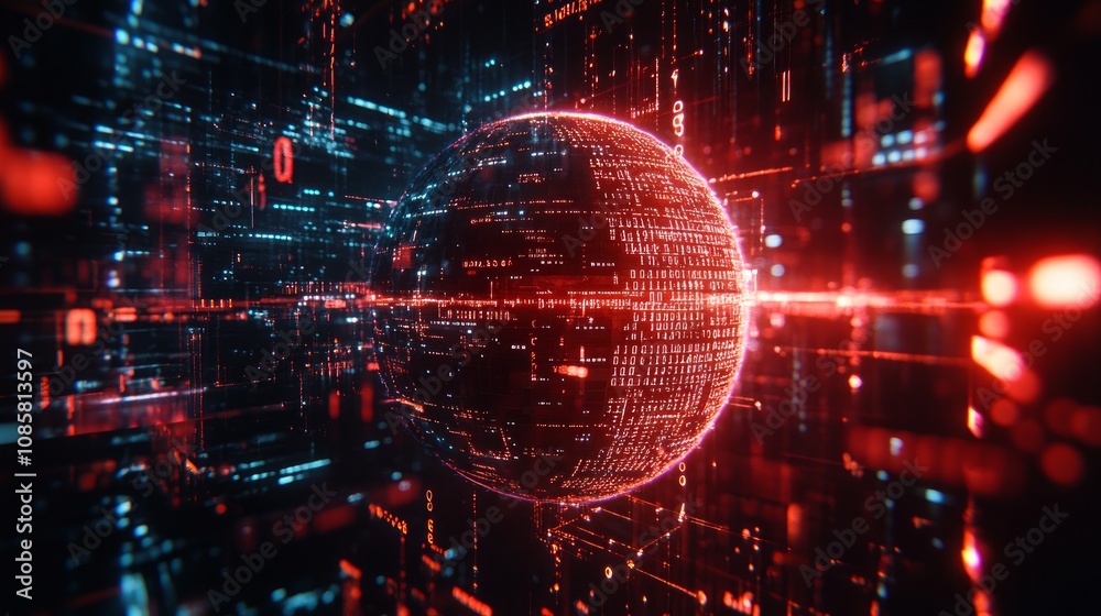 Obraz premium Abstract digital sphere with glowing red and blue code.