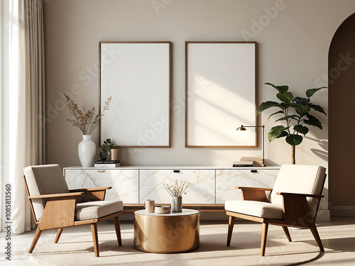 Modern interior design of a living room, with a wall mockup featuring two blank poster frames. The color scheme is warm beige and white tones, with a marble sideboard and wooden armchairs. The room is