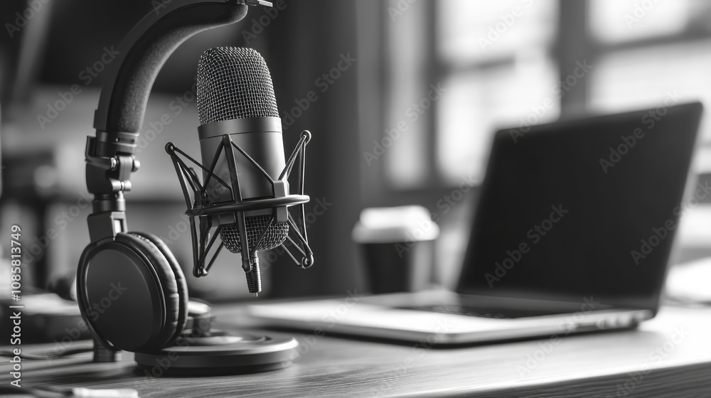 Black and white photo of a microphone, headphones, and laptop on a desk. Black and white photo of a microphone, headphones, and laptop on a desk.