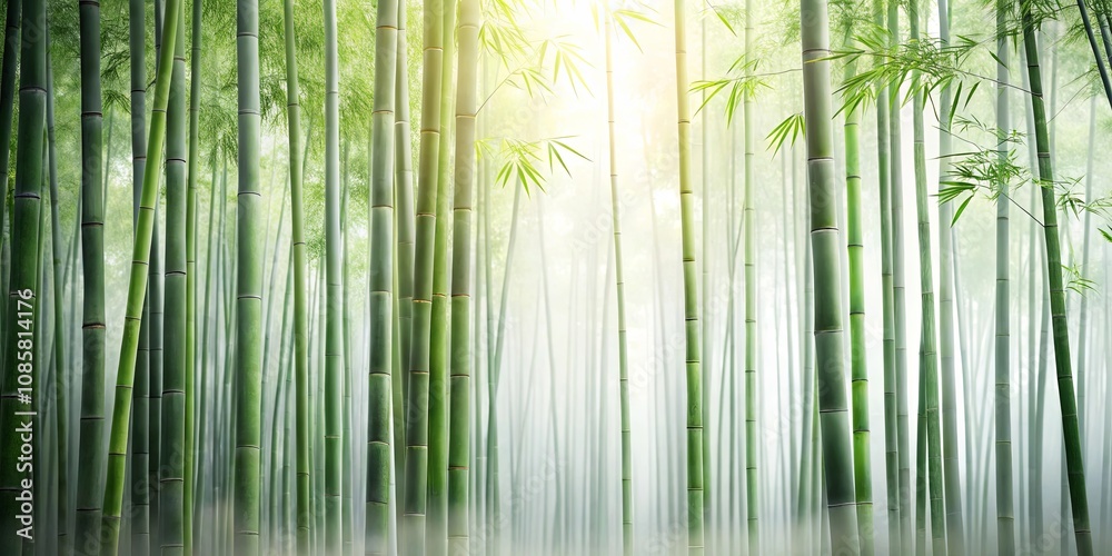 Fototapeta premium Serene Bamboo Forest with Sunlit Mist and Lush Greenery