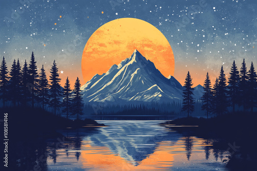 Serene Mountain Lake Sunset Under Starry Sky