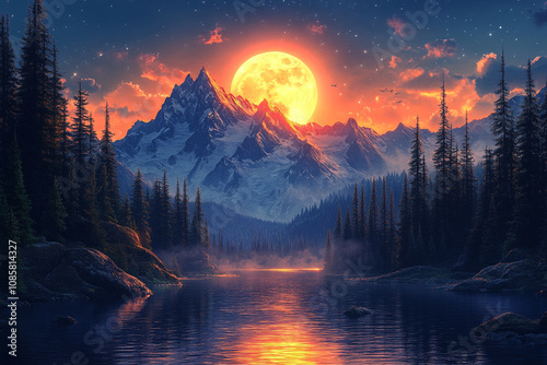 Majestic Mountain Lake Sunset With Huge Orange Moon