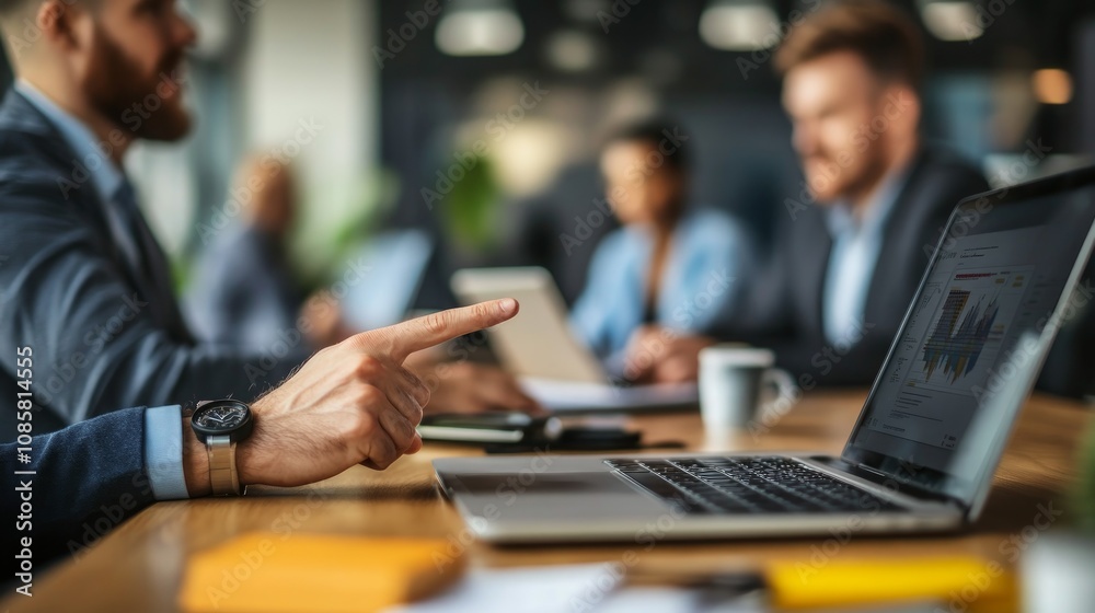 Business meeting, team collaboration, focus on hand pointing at laptop screen showing data. Business meeting, team collaboration, focus on hand pointing at laptop screen showing data.