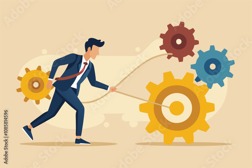 businessman pushing gears symbolizing teamwork and effort vector illustration.

