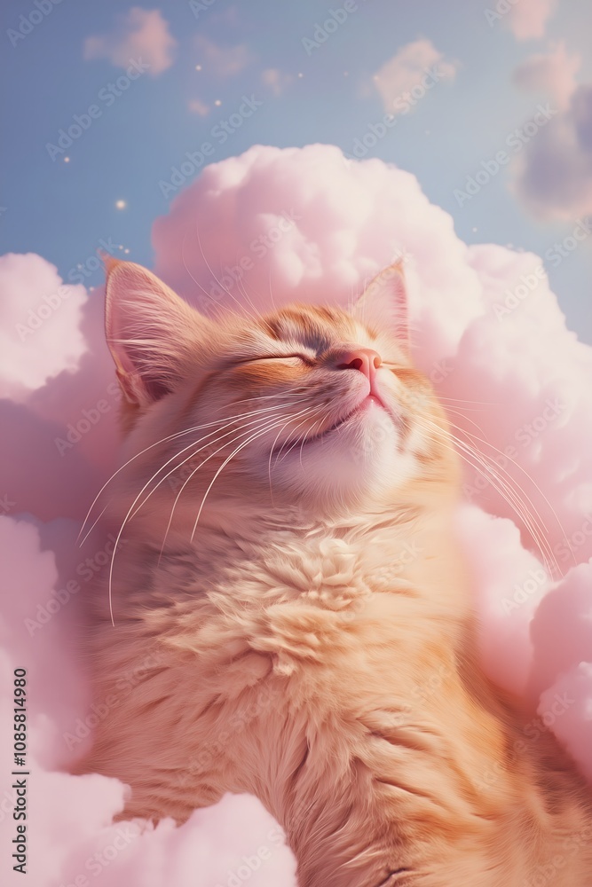 Orange cat sleeping on its back on a fluffy, pink cloud. Cute, dreamy, nostalgic, vaporwave concept.