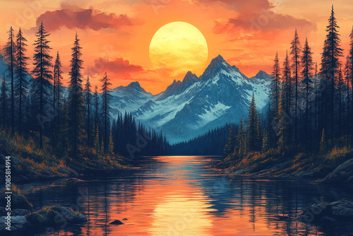 Serene Sunset Over Majestic Mountains and Tranquil Lake