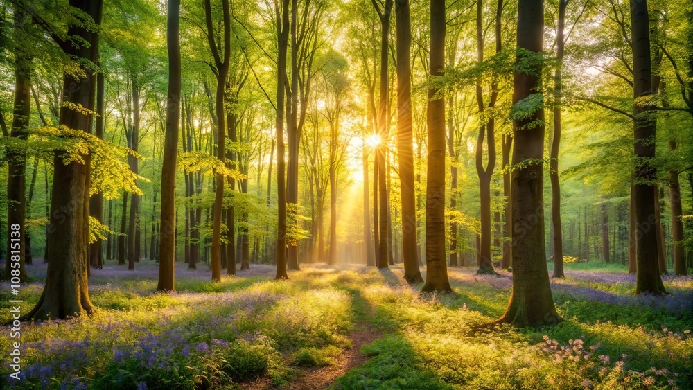 Obraz premium Golden Sunrise Illuminates a Path Through a Lush Spring Forest with Blooming Flowers