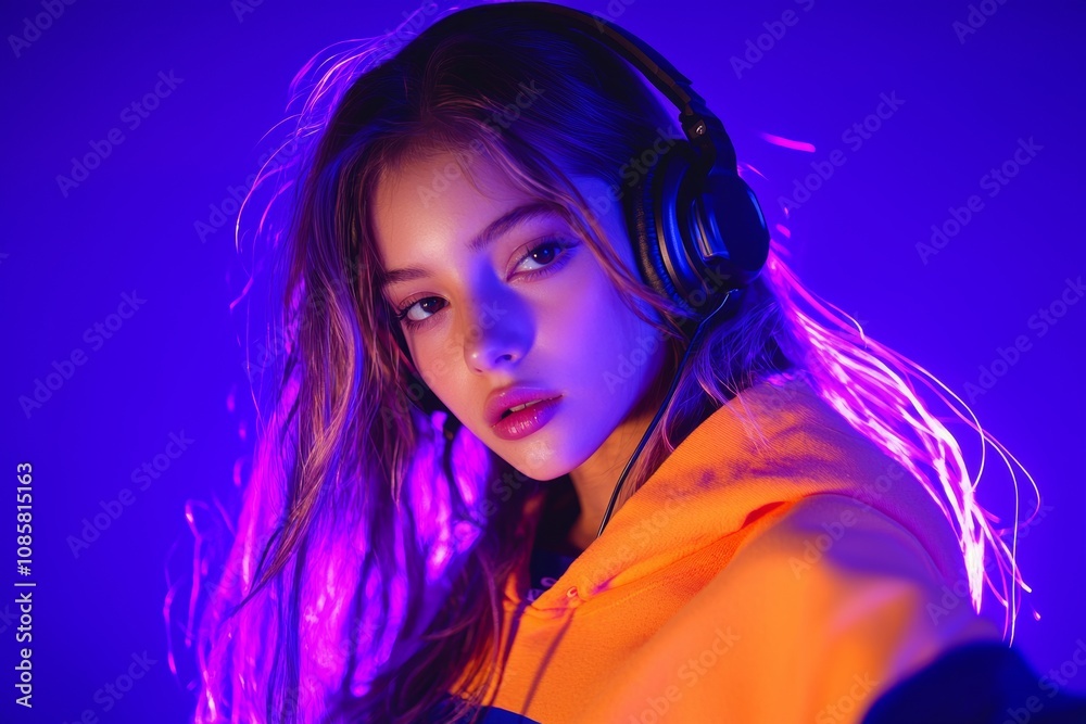 Captivating Neon Lit Portrait of a Young Glamorous Woman Captivating Neon Lit Portrait of a Young Glamorous Woman