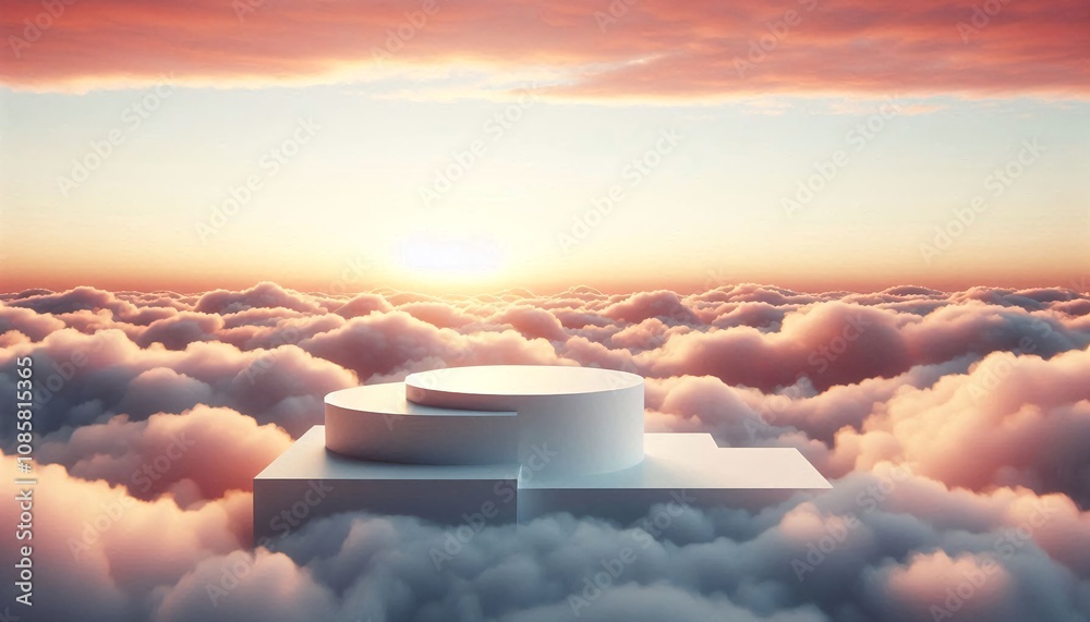 White Podium on Clouds with Sunset Background White Podium on Clouds with Sunset Background