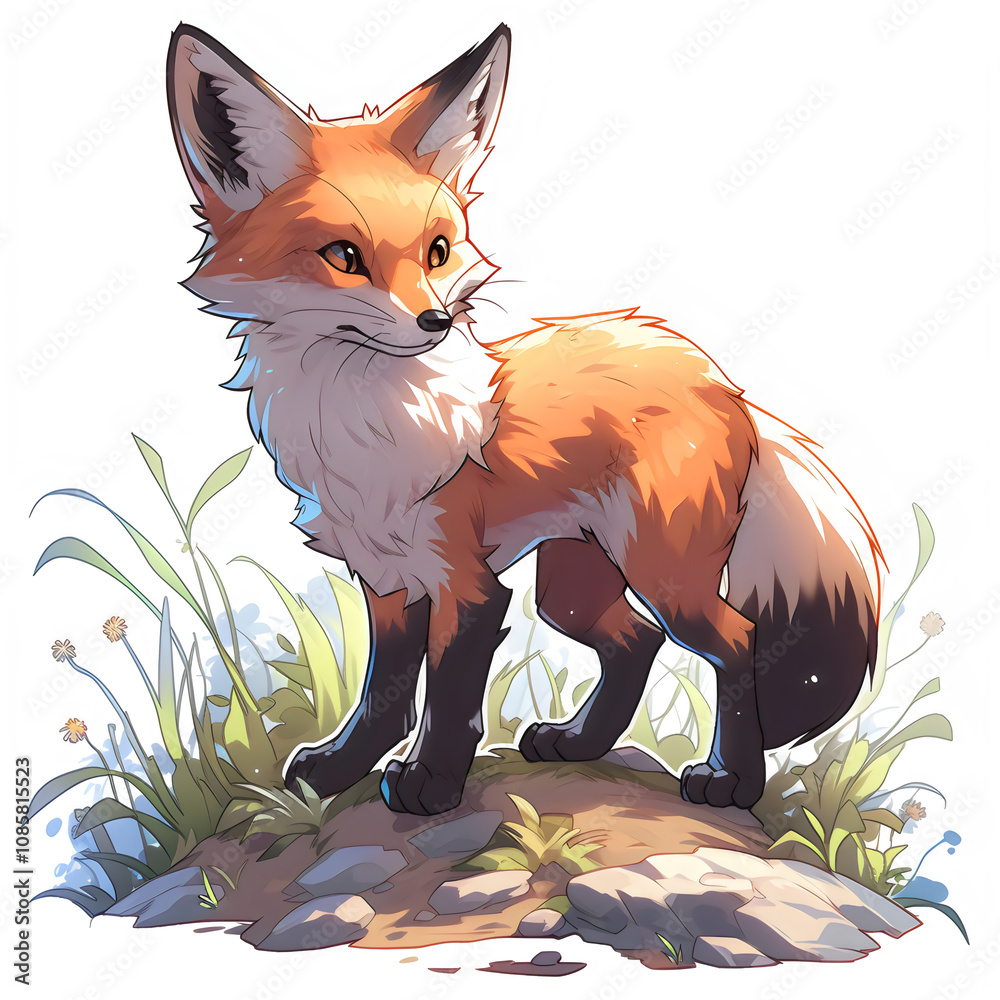 Obraz premium red fox cub standing in wilderness illustration on isolated white background, water color, drawing
