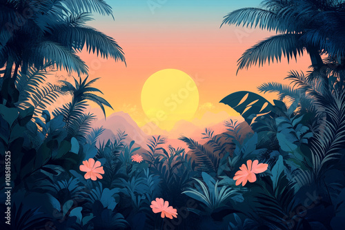Tropical Sunset Landscape With Lush Foliage and Flowers