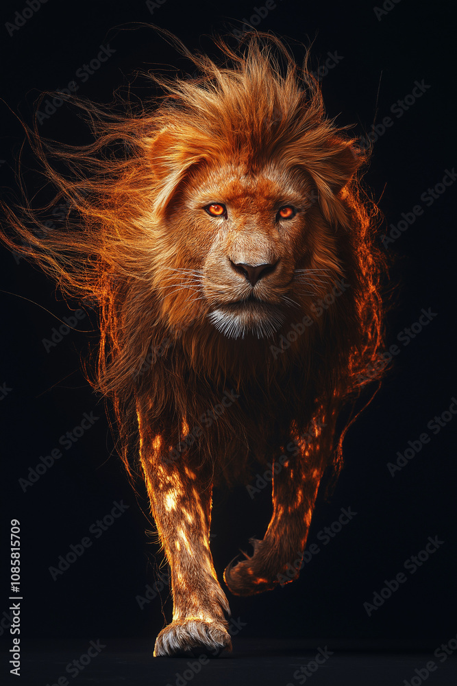 Naklejka premium A majestic lion walking through a dark, cinematic environment, its body composed entirely of intense golden flames, Generative Ai