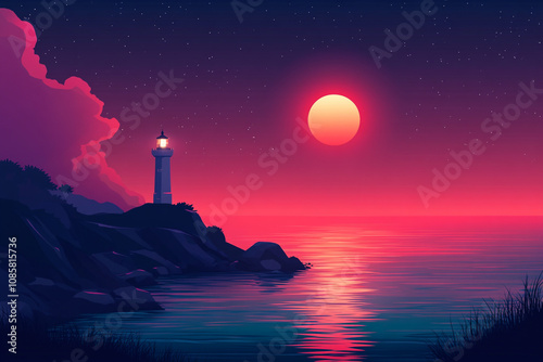 Lone Lighthouse on a Pink Sunset Seascape