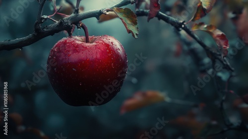 A Single Red Apple Hanging on a Branch