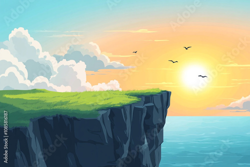 Grassy Clifftop Overlooking a Serene Ocean Sunset