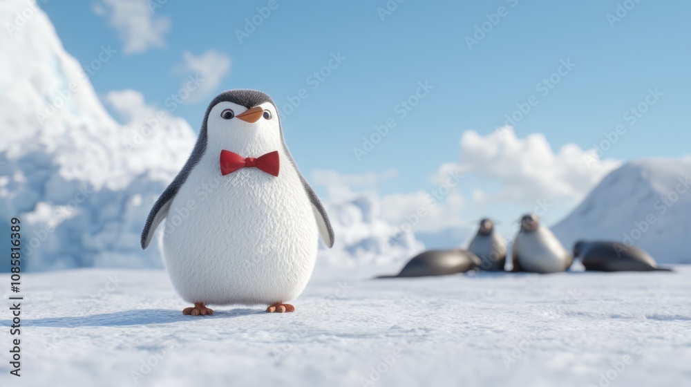Obraz premium Superior Dapper Penguin Watching Seals Slip on Ice in 3D Rendered Frozen Landscape - Ultra-Detailed Digital Artwork of Humorous Moment