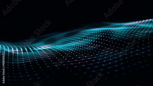 Futuristic point wave of particles. Visualization of sound waves. Dark background. Technology or science banner. Abstract, colorful digital 3D wave. Vector illustration.