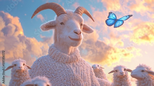 Sardonic Goat Observing Sheep Chase Butterfly at Sunset in 3D Rendered Scene