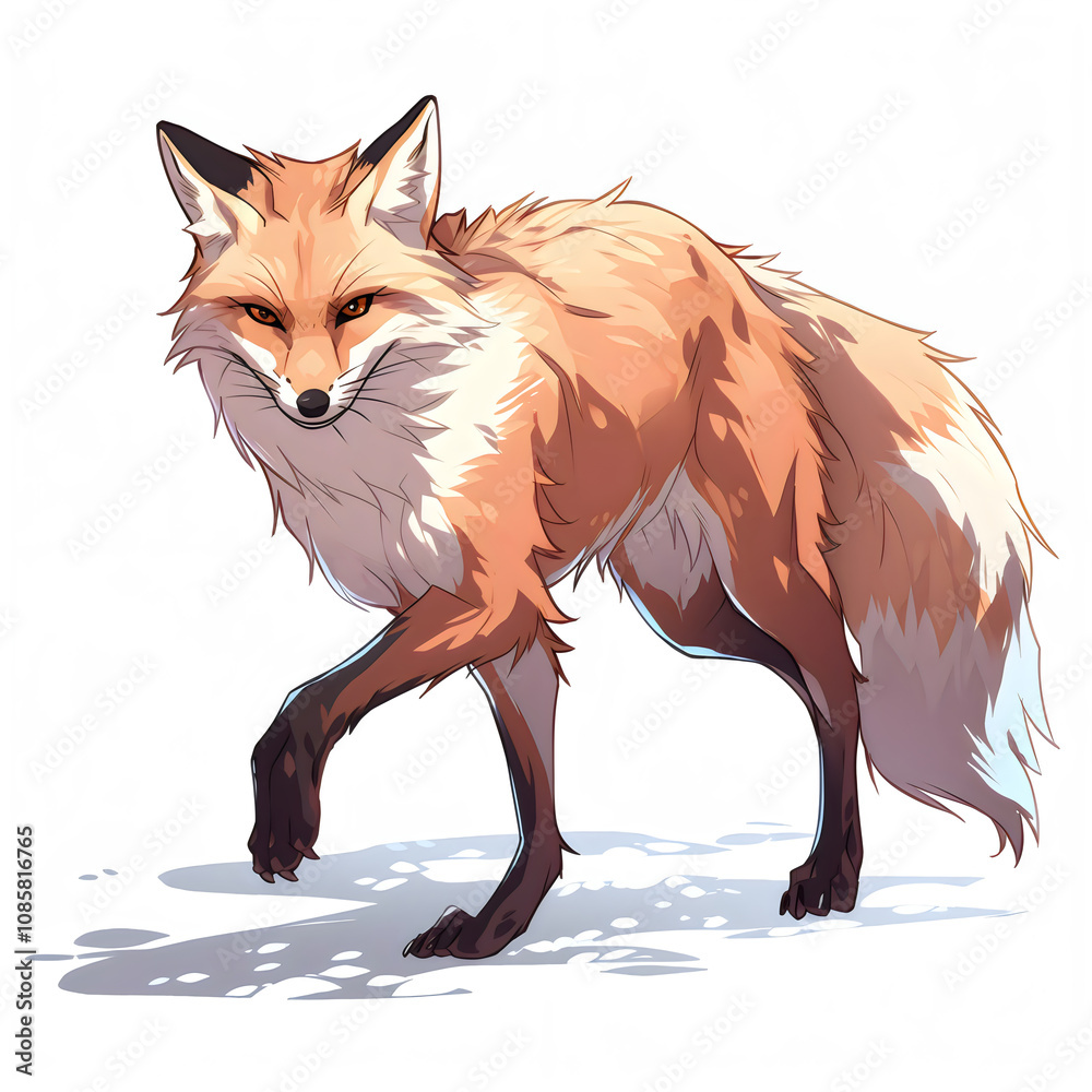 Obraz premium red fox walking in wilderness illustration on isolated white background, water color, drawing