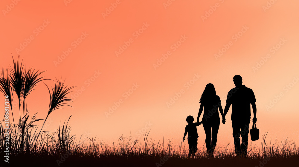 family silhouette walking hand in hand at sunset, surrounded by grass and plants, symbolizing unity and love family silhouette walking hand in hand at sunset, surrounded by grass and plants, symbolizing unity and love