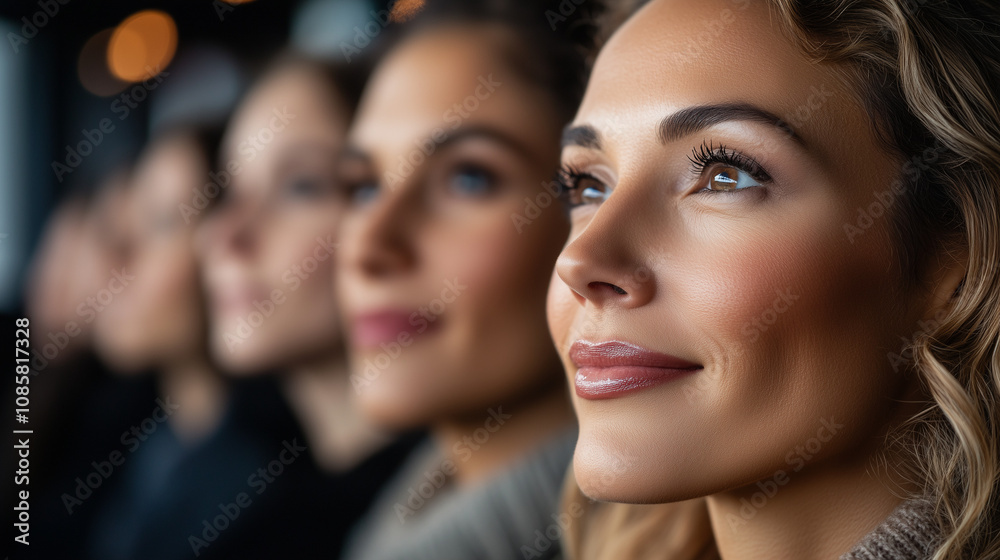 Close-Up of Smiling Women in a Row, Focused and Inspired Close-Up of Smiling Women in a Row, Focused and Inspired