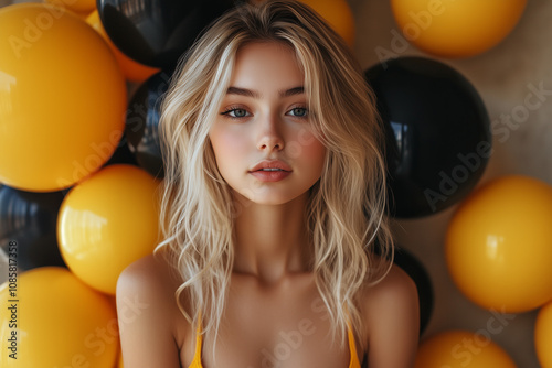 Portrait of a Beautiful Blonde Woman Surrounded by Black and Yellow Balloons photo