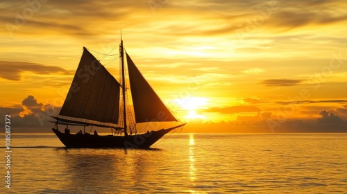 Silhouette of a sailboat sailing at sunset.