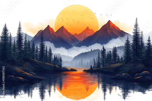 Serene Sunset Over Mountain Lake And Forest