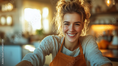 Cheerful Café Worker in Apron and Gloves Preparing for a Busy Day