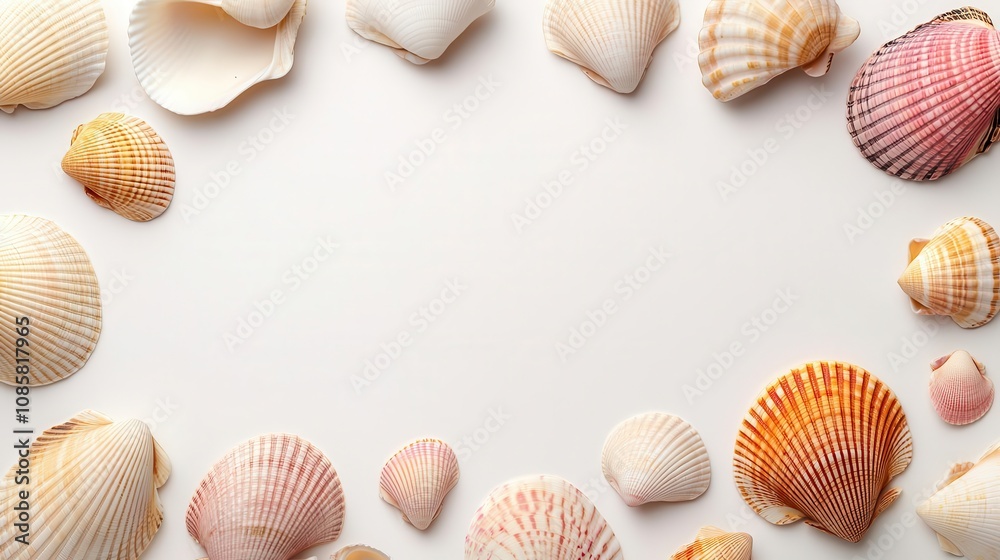 a collection of seashells, ocean element, detailed flat lay illustration, pastel beige and pink, isolated on white background a collection of seashells, ocean element, detailed flat lay illustration, pastel beige and pink, isolated on white background
