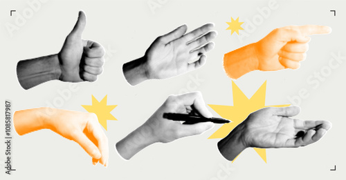 Set of halftone images of hands. Pop art retro style illustration