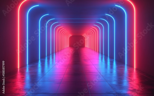 Glowing Neon Tunnel Surreal Passage Through Futuristic Digital Landscape