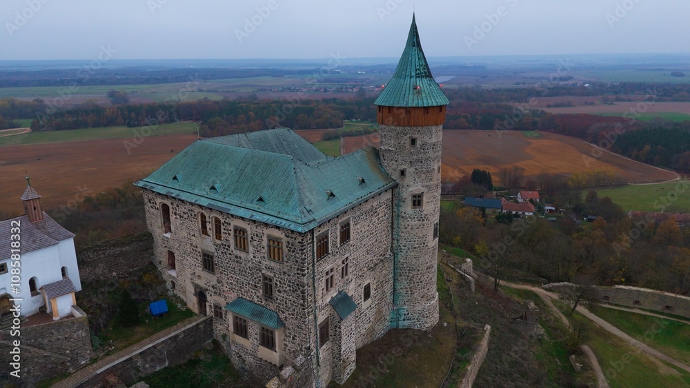 Castle from 15 century in the middle of Europre captured from above Castle from 15 century in the middle of Europre captured from above