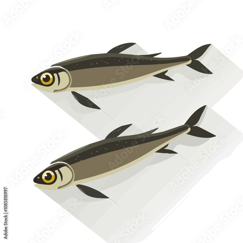 Simple flat 2D illustration of anchovies isolated on a white background, ai, fish icon set