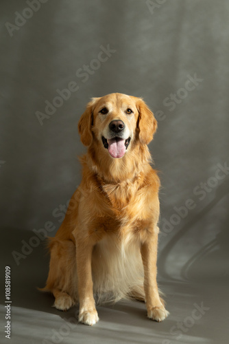 Full length vertical view of happy beautiful reddish golden retriever sitting in dappled light against grey seamless background