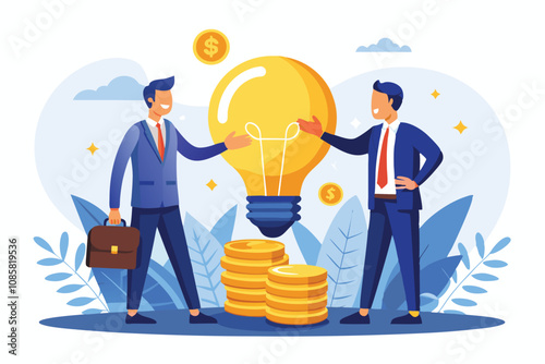 businessmen discussing ideas with light bulb and coins symbolizing innovation and investment vector illustration.


